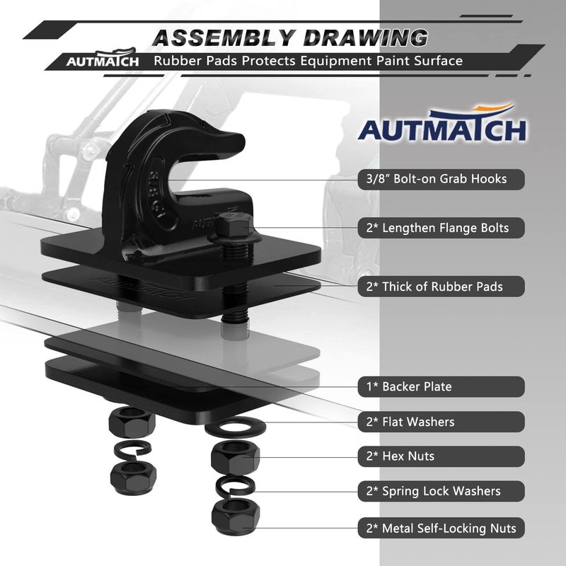 AUTMATCH Tractor Bucket Grab Hook 3/8" (2 Pack) - Bolt On Grab Hook Tow Hook Mount with Backer Plate and Rubber Pads, Grade 70 Forged Steel Max 18,000Lbs Work for Loader, Tractor Bucket, Truck, Black - Image 2